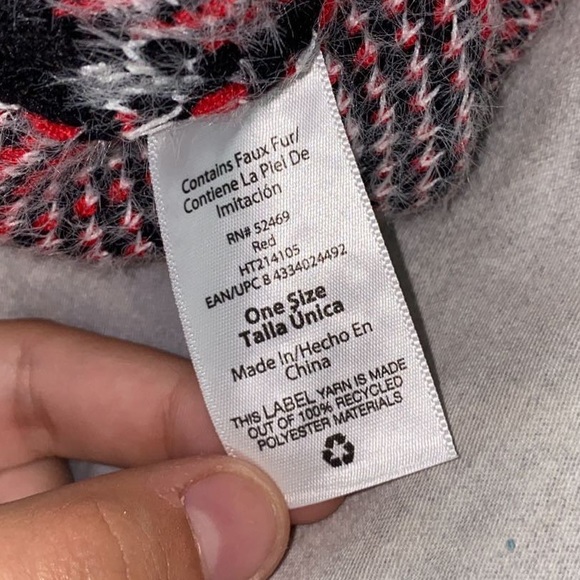 Red Plaid Winter Hat With Pom One Size - Picture 2 of 2